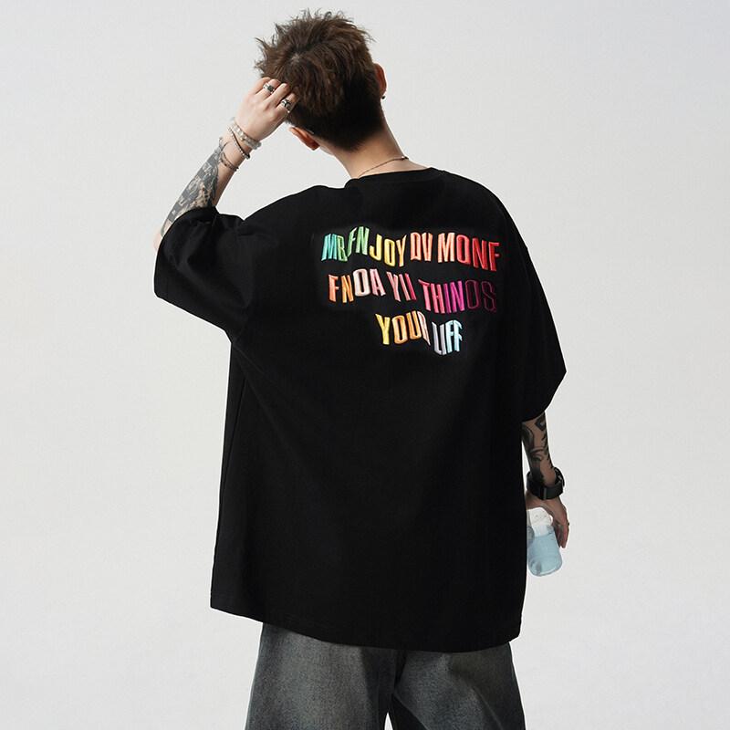 Tシャツ メンズ 半袖 丸首 ゆったり ストリート 刺繍 綿 薄手 夏 抗菌 白色 黒 ストライプ 柄 レトロ スタイル 日常 着用 軽量 通気性 好 サイズ M L XL 2XL