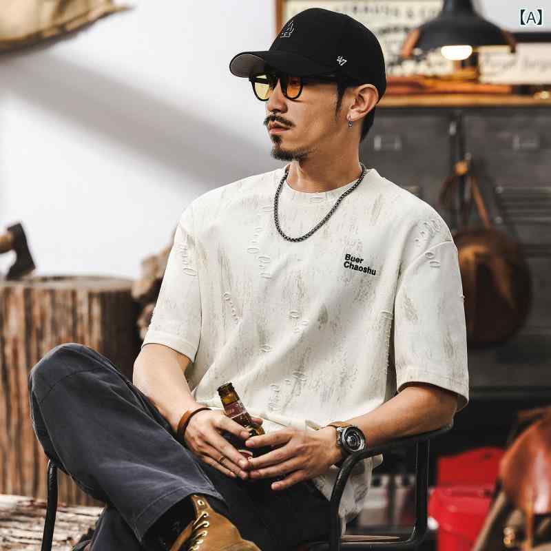 メンズ Tシャツ 半袖 トップス コットン 綿素材 透気性 薄手 ゆったり ルーズフィット ラウンドネック 落肩袖 セットインスリーブ プリント柄 文字柄 アルファベット デザイン 春夏 夏用 日常 カジュアル ストリート ファッション 夢幻ホワイト ド