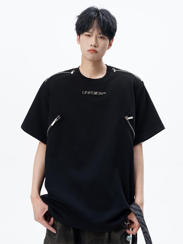 Tシャツ メンズ 短袖 半袖 トップス 純綿 綿素材 透気性 金属ジッパー 金属装飾 ラフスタイル ストリートファッション 港風 ルーズフィット ゆったりシルエット 丸首 丸襟 セットインスリーブ 日常使い 普段着 カジュアル 夏用 春夏 白色 ブラック