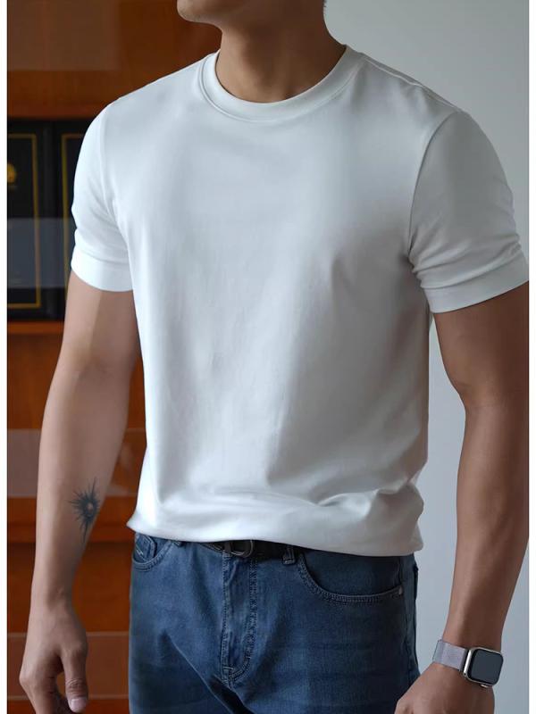 メンズ Tシャツ 接触冷感 モダール コットン 半袖 トップス 薄手 軽量 純色 丸首 ゆったり 夏 吸湿速乾 抗菌 通気性 休日用 白色 ブラック ネイビー モカ グレー