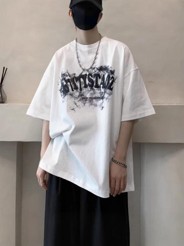 Tシャツ メンズ 夏用 短袖 トップス 男性用 綿100 長絨綿 接触冷感 吸湿排汗 通気性 防皺 耐摩耗 ルーズフィット 落肩袖 ラウンドネック プリント柄 カードゥーズ ストリートスタイル 軽熟カジュアル 日常使い ブラック ホワイト ダークグレー