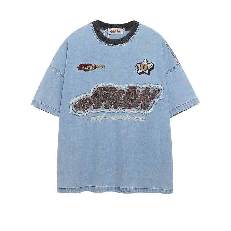 Tシャツ メンズ 短袖 コットン 100% ブルー 丸首 ゆったりシルエット コントラストカラー 数字 字母 刺繍 ストリート カジュアル 夏 トップス レイヤード コーディネート 吸湿性 耐久性 日常使い 外出着 軽量 快適 ファッション アイテム