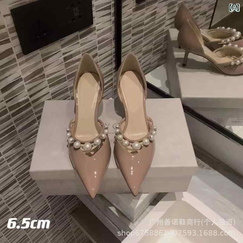 女性用 ハイヒール ポインテッドトゥ 漆皮 細ヒール 珍珠 ストラップ オープントゥ シングルシューズ フラットサンダル 裸色 ブラック ホワイト 超繊維 素材 羊皮 内里 ゴム ソール 軽量 夏 春夏 通勤 普段使い 欧米風 ファッション