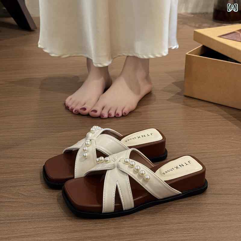 サンダル 女性用 夏用 仙女風 真珠装飾 外履き クロスデザイン スカートコーデ ワンピース合わせ 一文字 ビーチサンダル 軽量 プルエステル素材 ゴム底 方先 米白色 ブラック ゴールド系 接触冷感 吸湿速乾 通勤 普段使い アウトドア