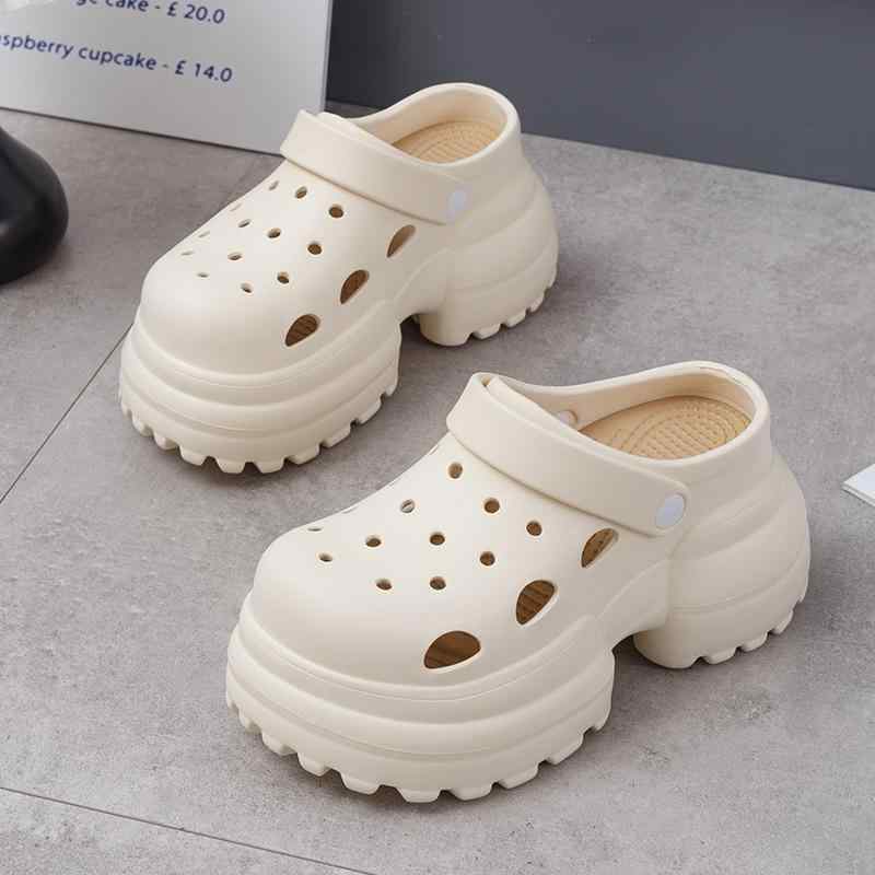 レディース 厚底 洞洞シューズ EVA 素材 防滑 防臭 夏 サンダル ファッション 包頭 ビーチサンダル 軽量 クッション性 透け感 デザイン ヒールアップ 厚底 青少年向け 春夏 日常使い 屋外用 カーキ ホワイト ブラック カラー