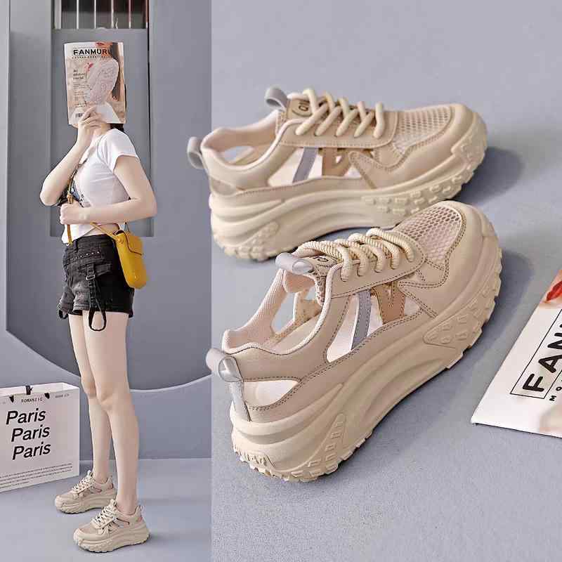 女性用 厚底サンダル 春夏 透気 メッシュ 軽量 ランニングシューズ 風 丸トゥ かかとゴム ストラップ PU 合成皮革 ラバーソール カーキ 赤 普段使い カジュアル スポーツ 切り替え デザイン 快適 歩きやすい 通気性 抜群 厚底 ブーツ 風 ロー