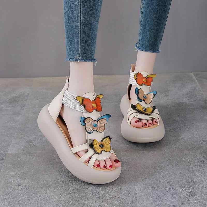 女性用 ローマサンダル 真皮 厚底 夏用 復古風 米白色 緑色 ラウンドトゥ オープン toe ハイカット 後ろジッパー 頭層牛皮 ラバーソール 軽量 伸縮性 吸湿速乾 普段使い 歩きやすい 開放感 足元オシャレ コスパ抜群 快適フィット