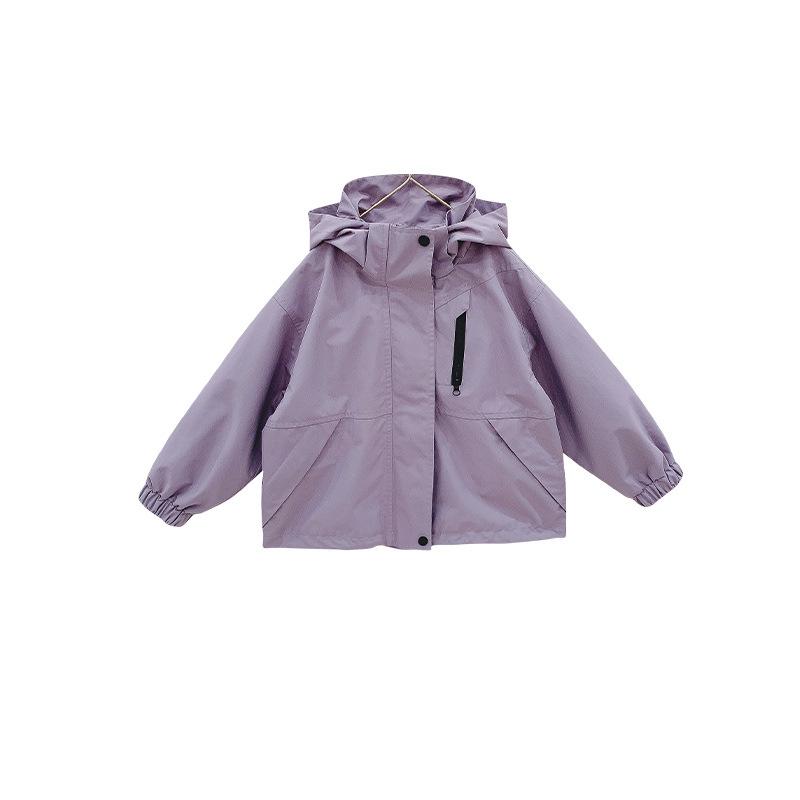 キッズ女児 フリース ジャケット 秋冬 防風 防水 フード付き 長袖 中長丈 紫色 単体外套 接触冷感 吸湿速乾 軽量 伸縮性 ポリエステル 再生繊維 韓風 英倫 スタイル 普段使い アウトドア 登山 学校用 3-8歳 100-160cm 対応