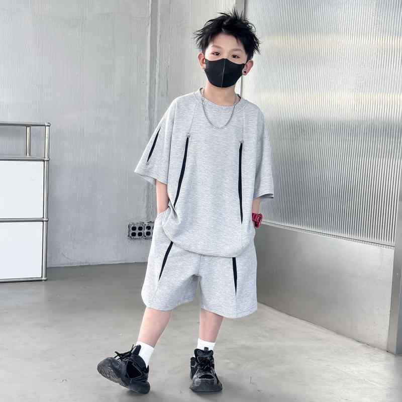 キッズ 男の子 春夏 スポーツ セットアップ トップス 短袖 ショートパンツ 綿 柔軟 薄手 純色 グリーン グレー 130cm 140cm 150cm 160cm 170cm 180cm 軽量 通気性 吸湿速乾 普段使い 遊び着 かわいい スタイリッシ