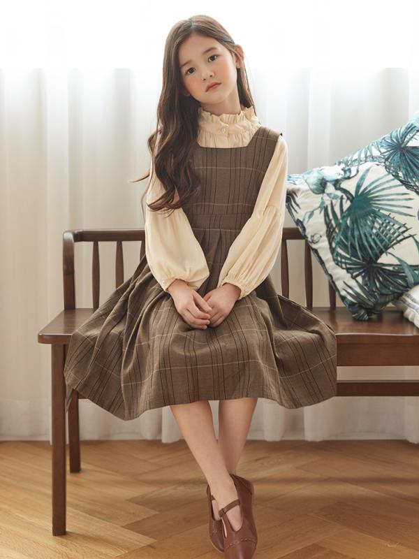 女児 キッズ 春夏 秋冬 背広スカート セット トップス スカート 長袖 綿 柔らかい 肌触り 良い 暖かみ ブラウン 格子柄 韓国風 カジュアル 日常使い 学校用 伸縮性 通気性 軽量 シンプル かわいい 洋気 2点セット 中大児 8歳以上 140cm