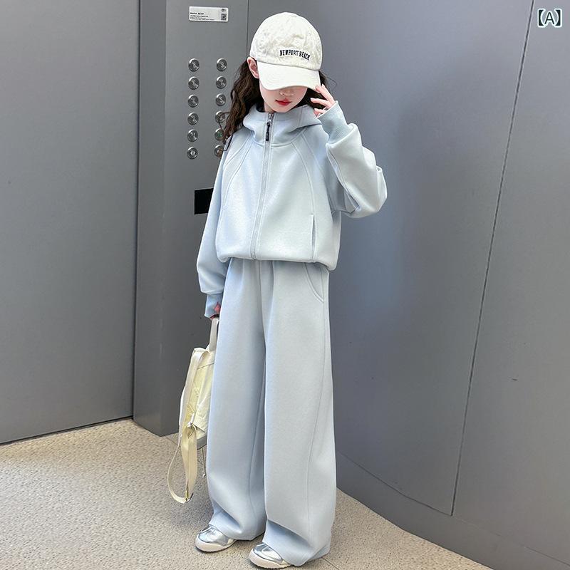 キッズ 女の子 春秋 韓流 カジュアル スポーツ ウェア セット 長袖 フーディ 長ズボン コットン 素材 柔らかい 生地 普通 厚み 純色 デザイン 潮っぽい スタイル 天空ブルー 杏色 120cm 130cm 140cm 150cm 160cm 17