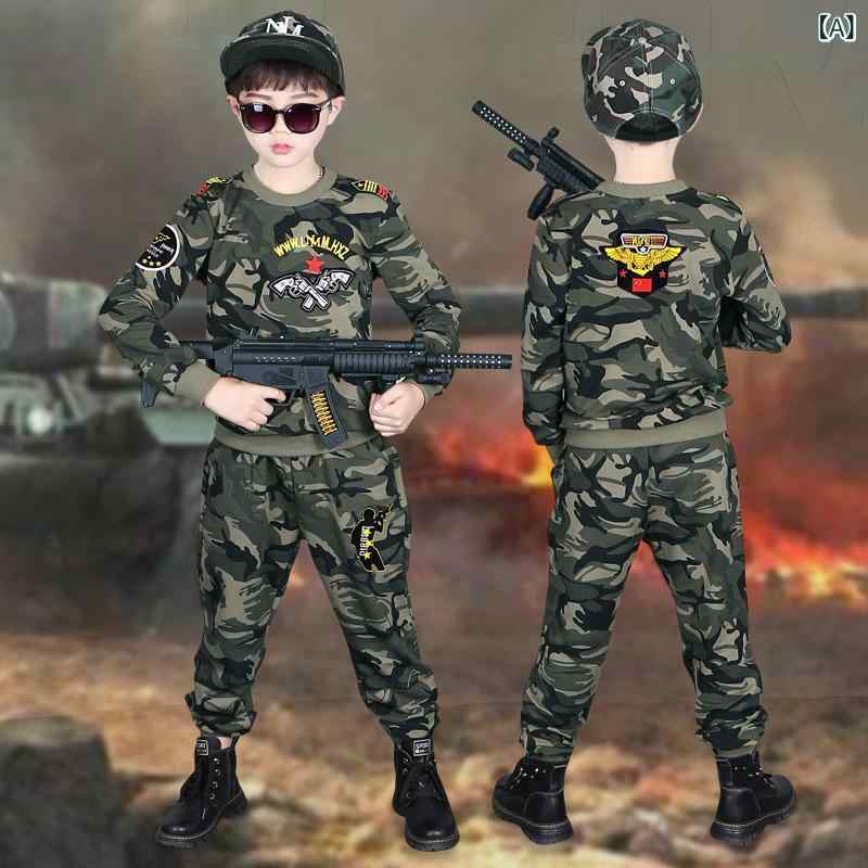 キッズ 男の子 迷彩服 セット 長袖 トップス ロングパンツ 軍人風 コットン 綿素材 柔らかい 酵素洗い 春秋 セットアップ 運動 ピースカラー キャモフラージュ柄 子供服 ボーイズ カジュアル 韓流スタイル 110cm 120cm 130cm 140