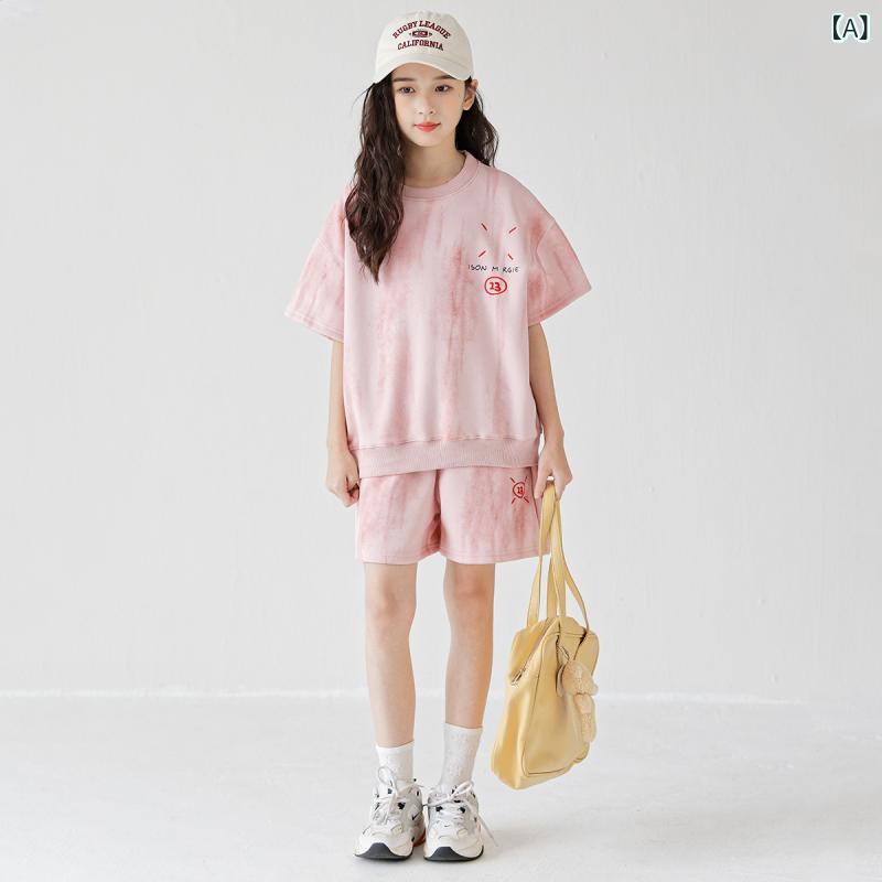 女児 キッズ 女の子 かわいい 韓流風 春夏 夏 短袖 トップス 短パン セット 綿素材 柔らかい 普通厚 運動スタイル ストリートファッション ピンク 杏色 ベージュ 淡いピンク 8歳以上 中大児 140cm以上 吸湿速乾 軽量 伸縮性 通学 日常遊び