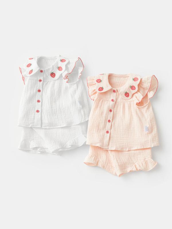 ベビー 女の子 夏用 飛袖 開衫 トップス 短パン セット 純綿 薄手 かわいい プリンセス デザイン 花辺 装飾 ピンク ホワイト 80-100cm 対応 田園 風 カード 柄 居家 普段使い ソフト 肌触り 吸湿 速乾 機能 軽量 伸縮性 素材