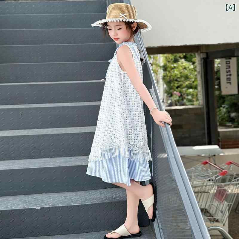 女児 ワンピース セット 夏服 吊り紐 無袖 連衣裙 かわいい 基本款 韓流スタイル ポリエステル100 柔軟素材 吸湿速乾 軽量 背心スカート 通気性 ストライプ柄 ピンク系 アイボリー 春夏 ミッドサイズ ビッグサイズ 子供服 女の子 普段使い アウ