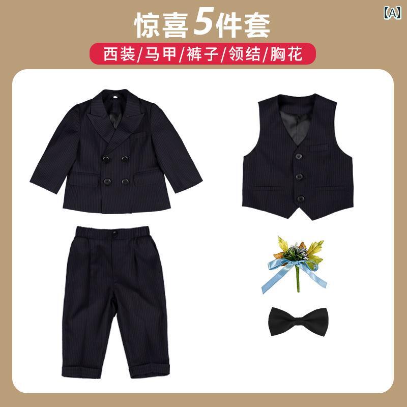 キッズ 男の子 西装 三件セット 秋冬 礼服 条紋 長袖 長ズボン 柔軟 加工 英倫 スタイル 潮 ファッション 聚? 繊維 ダブルブレスト ボタン セット ボウタイ 胸花 付き 子供 フォーマル 服 通年 対応 3 ～ 8 歳 向け