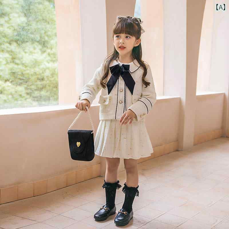 女の子 セットアップ スカート トップス 2点セット 韓国風 蝶結 リボン フレア スカート 長袖 綿混紡 ポリエステル 柔らかい 普通厚 単排ボタン ホワイト ラベンダー 紫 秋 秋冬 3～8歳 中小 100～140cm かわいい 女児 子供服 セット