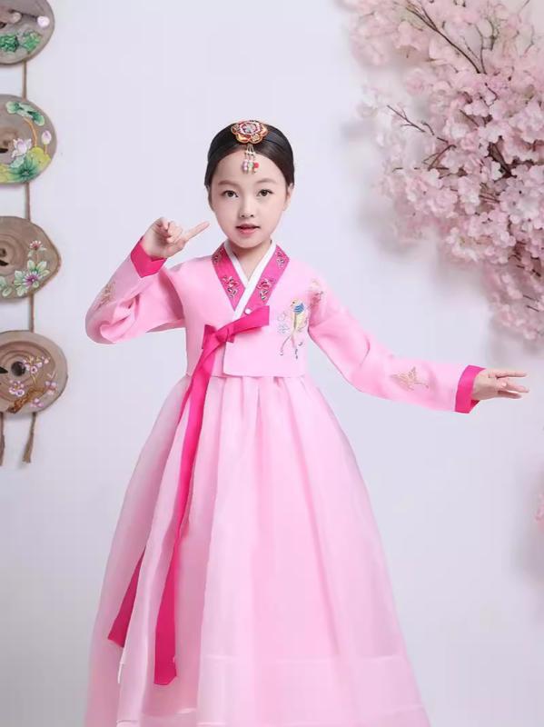 子供 女の子 民族 ダンス 衣装 韓国風 朝鮮族 演出 スカート セット トップス スカート 2点セット 九分袖 雪紡 ポリエステル 柔らか素材 純色 紫 ピンク 白 ブルー 通年 柔軟 普通厚 3～8歳 100～140cm かわいい 動きやすい 民族ス