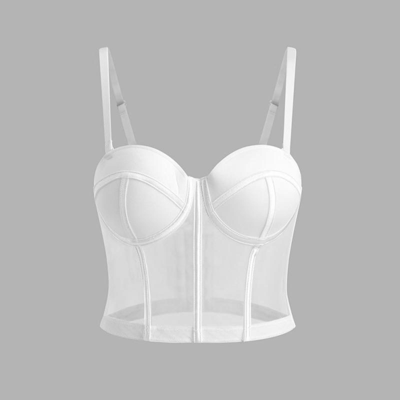 キャミソール レディース セクシー 透け感 インナー トップス ブラウス 吊り下げ スリムフィット 超短丈 純色 レースネット 弾力性 魚骨ステイ 胸元デザイン 軽量 伸縮性 接触冷感 ポリエステル 再生繊維 ブラック ホワイト 街着 ストリートファッシ(x5)