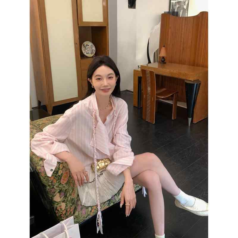 シャツ 女性用 春夏 長袖 防紫外線 薄手 デザイン ゆったり トップス ポロ 襟 雪ニール 再生繊維 ピンク系 私服 御姐風