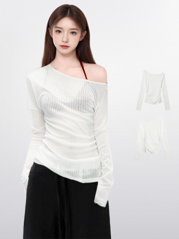 Tシャツ 女性 夏 通勤 白色 長袖 斜め肩 肩出し 微透け 修身 薄手 防晒 接触冷感 再生繊維 セットインスリーブ 普通丈 セットアップ 気質 快適 軽量 吸湿速乾 ポリエステル トップス ブラウス 部屋着 アウトドア
