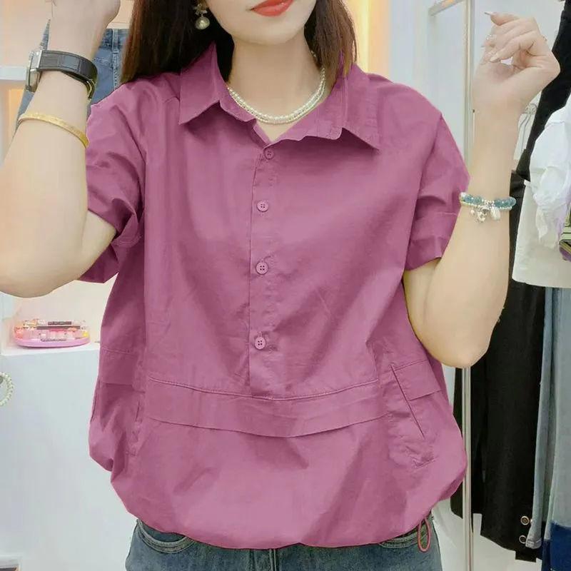 女性 シャツ 紫ローラン 短袖 ポロカラー ワイドシルエット 薄手 切り替えデザイン 通勤 普段使い 都市風 気質 吸湿速乾 ポリエステル 混紡 白色 淡黄色 ピンク系 抹茶グリーン ベージュ ライトブルー 大きいサイズ 春夏