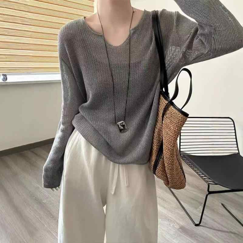Vネック Tシャツ 女性用 春夏 吊り帯 外掛け 薄? 上着 長袖 ゆったり 防紫外線 接触冷感 薄手 ポリエステル 混紡 アクリル繊維 スパンデックス 混紡 黄色 白色 灰色 カジュアル スタイル ゆったりシルエット 吸湿速乾 軽量 日常使い 部屋着