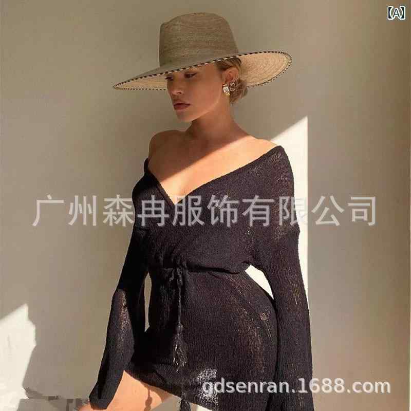 ニット トップス レディース Vネック 七分袖 喇叭袖 修身シルエット 通勤 普段使い 快適 軽量 伸縮性 吸湿速乾 接触冷感 綿 再生繊維 ブラック ホワイト 夏 春夏 海辺 ビーチ 防風 風通し 防UV 沙?裙 風合い ソフト 涼しい 女性用 カーデ