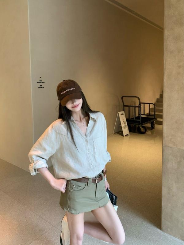 シャツ 女性用 長袖 麻 綿混 ポロカラー 防晒 開襟 夏 春夏 秋 軽量 伸縮性 吸湿速乾 接触冷感 切り替え カジュアル 普段使い 通勤用 部屋着 ビッグシルエット ハイウエスト ブラック ピンク系 アイボリー ベージュ グレー ゆったり ワイド ゆ