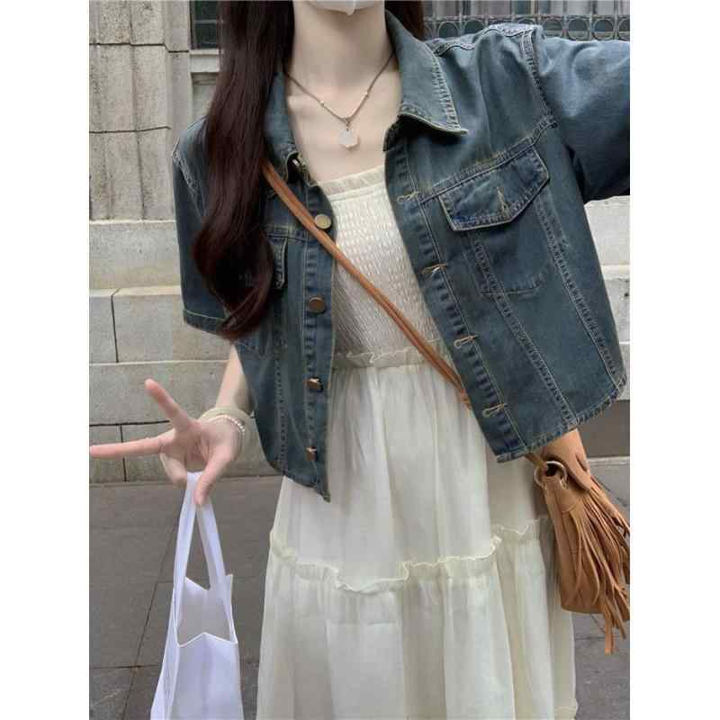 カーディガン レディース 夏 韓国風 復古 短丈 デニムジャケット 女性用 新作 ルーズ スリム 半袖 薄手 シャツ トップス 綿素材 幾何学柄 ゆったりシルエット 単品 薄手タイプ 普通丈 シャツ袖 シャツカラー コントラストカラー 複合加工 気質 通
