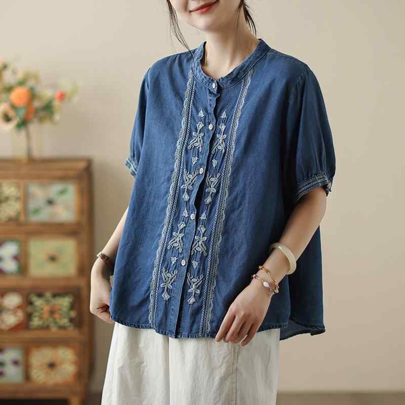 女性用 短袖 シャツ トップス コットンリネン 再生繊維 ポリエステル 混紡 花柄 刺繍 ボタン デザイン ゆったり シルエット スタンドカラー ステレオパターン 気質 通勤 快適 休? スタイル 夏 薄手 垂感 復古 民族風 刺繍 短袖 シャツ 女性