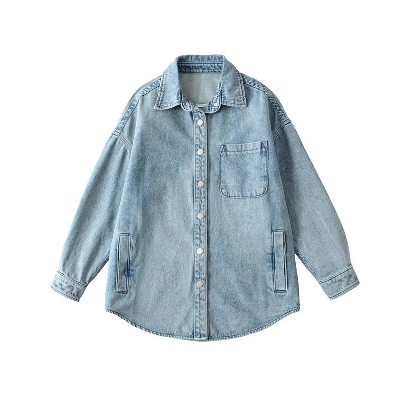 レディース 牛仔風 開衫 シャツ トップス 中長丈 長袖 シングルブレスト ゆったりシルエット 軽量 混紡素材 純色 切り替えデザイン フラップポケット ライトブルー 春夏 カジュアル ストリートスタイル 通勤 普段使い