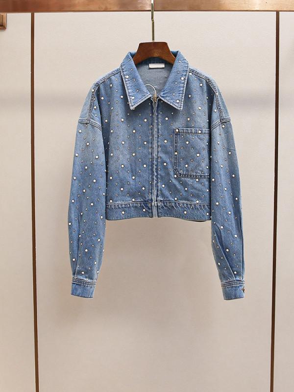 レディース 牛仔ジャケット 短丈 翻領 長袖 ビーズ刺繍 ポケット デザイン 気質 通勤スタイル 普段使い 軽量 デニム ブルー 春夏|フォークBR
