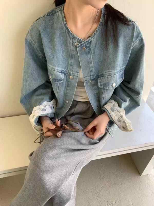 デニムジャケット 女性用 春夏 長袖 袖口レース 切り替え コットン ポリエステル 混紡 ブルー スタンダードシルエット 普通丈 ボタンカラー ネック 日常使い カジュアル 韓国風 軽量 伸縮性 吸湿速乾 通勤 デイリー デニムトップス コットン素材 デ