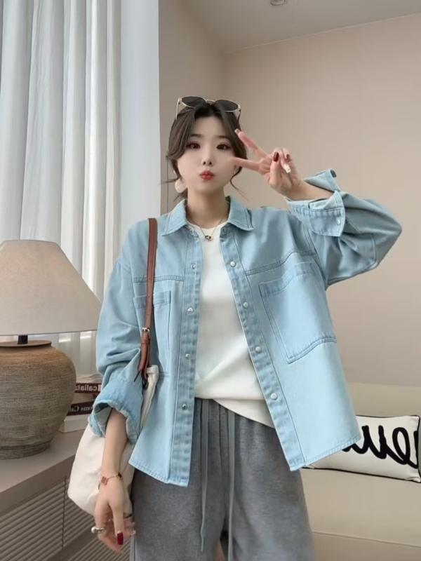 デニムジャケット レディース 春夏 軽量 綿素材 ゆったりシルエット シャツ 切り替え 長袖 ポロカラ ボタン 浅ブルー 日常使い 快適 ファッション コーディネート