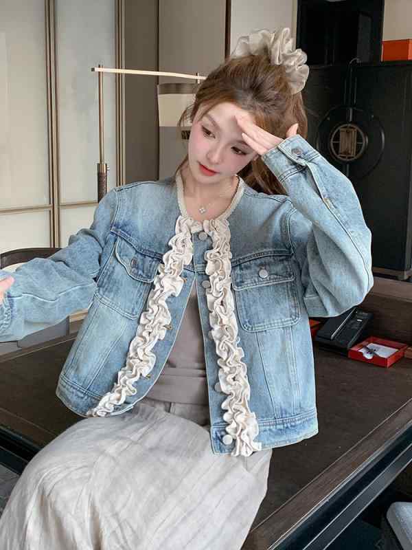 ジャケット 女性用 春夏 韓国風 ファッション 百搭 丸首 切り替え レース デニム 短丈 コットン 素材 修身 シルエット 長袖 牛仔ブルー カラーリング 甘め スタイル 清新 スイート デザイン 軽量 普段使い トップス