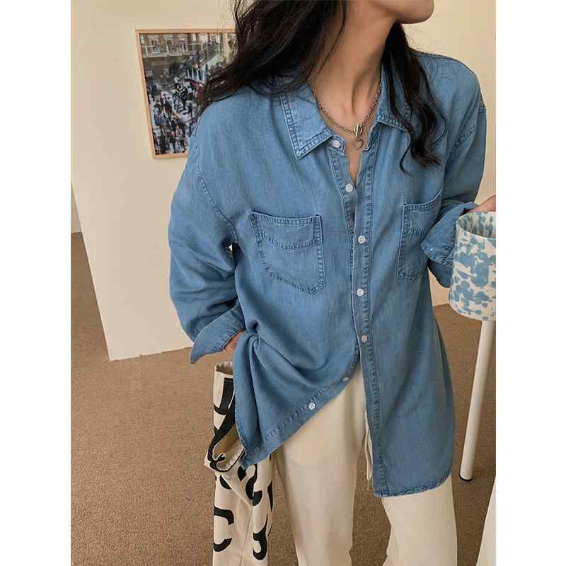 カジュアル シャツ 女性用 春夏 秋冬 長袖 牛仔 デニム トップス Vネック ゆったり ビッグシルエット 軽量 伸縮性 吸湿速乾 免?加工 浅ブルー ネイビー 切り替え デザイン ユニセックス 普段使い レイヤード スタイル