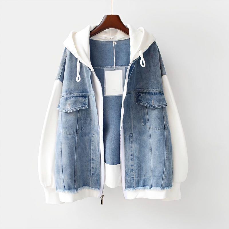 レディース デニム ジャケット 偽ツーピース 切り替え デザイン コート トップス 連帽 野球風 服 ロング丈 長袖 ラウンドネック ルーズフィット 厚手 ピンク ホワイト 春秋 春夏 秋冬 通勤 普段使い カジュアル スタイル 軽量 伸縮性 吸湿速乾
