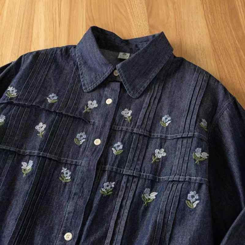 レディース 長袖 牛仔シャツ 花刺繍 復古 ワイドシルエット 綿素材 深ブルー 開襟 シングルボタン 森ガール スタイル 植物柄 刺繍加工 ゆったり トップス 牛仔ブルー 花柄 刺繍 長袖シャツ 甘め 清新 スタイル コットン 混紡 ゆったり フィット