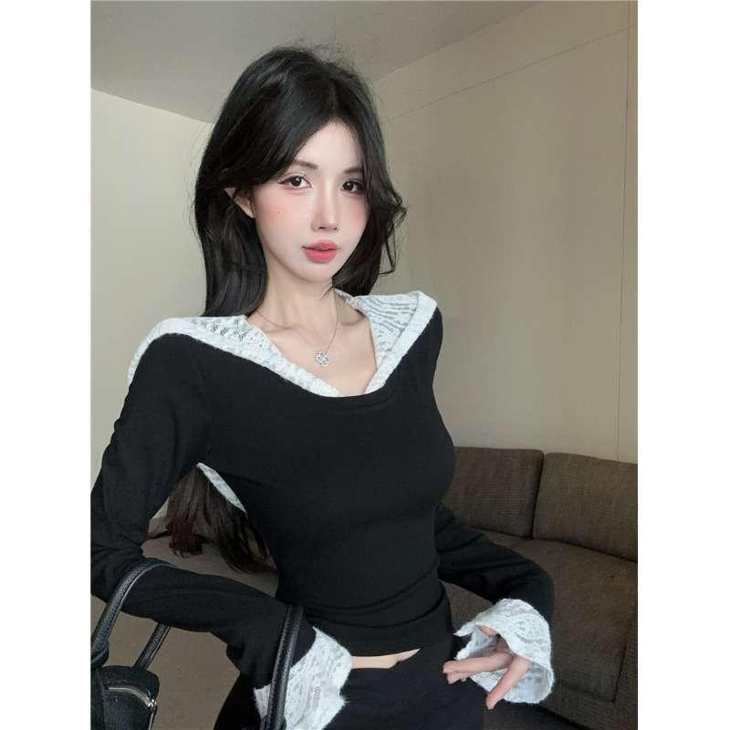 Tシャツ 女性用 秋冬 連帽 長袖 切り替え レース 修身 ブラック モダール 接触冷感 吸湿速乾 短丈 かわいい デザイン トップス インナー カジュアル ストレッチ 軽量 ビッグシルエット Vネック デイリー 部屋着 通勤