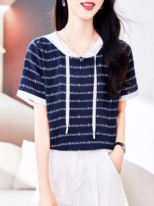 Tシャツ 女性用 夏 短袖 真絲 桑蚕絲 接触冷感 条紋 柄 印花 加工 連帽 フード 付き 休? スタイル 通勤 風 気質 普通 丈 短め サイズ ナビー ブルー ストライプ レインボー ストライプ ピンク カラーバリエーション 軽量 吸湿速乾 再生繊