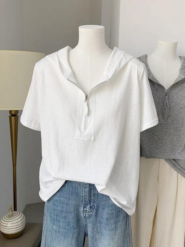 Tシャツ 女性用 春夏 短袖 連帽 半ジッパー ルーズフィット 接触冷感 上衣 雪花綿 複合加工 挿肩袖 ミドルレングス 中長丈 純色 白色 グレー 日韓カジュアル 原宿スタイル ゆったりシルエット 吸湿速乾 伸縮性 軽量 通勤 普段使い