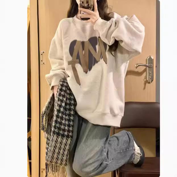 レディース スウェット トップス 丸首 長袖 ゆったり ワイドシルエット 中長丈 無帽 薄手 プリント ポリエステル 接触冷感 ブラック ホワイト グレー ベージュ ワインレッド 通勤 普段使い 気質 秋冬