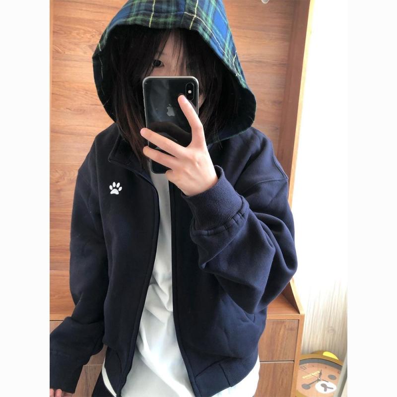 パーカー 女性用 秋 秋冬 長袖 フード付き ジップアップ ワイドシルエット チェック柄 切り替えデザイン ドッグプリント ヴィンテージ調 ゆったり ルーズフィット コットン混紡 ネイビー 通勤 普段使い カジュアル コーディネート 暖かみ 伸縮性