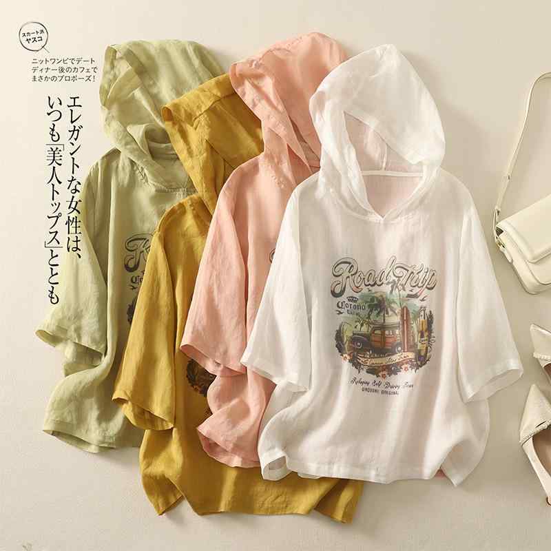 Tシャツ レディース 連帽 プリント 半袖 綿麻 接触冷感 ゆったりシルエット かわいい 春夏 秋 緑 黄色 ホワイト ピンク 普段使い 部屋着 カジュアル トップス インナー 軽量 吸湿速乾