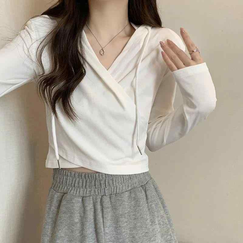 Tシャツ 女性用 春夏 気質 通勤 都市風 長袖 短丈 修身 Vネック クロス デザイン 切り替え 幾何柄 灰色 ?? 95% 伸縮性 軽量 普段使い