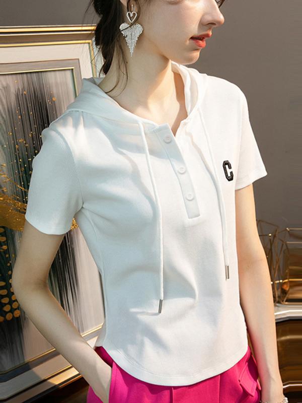 Tシャツ 女性用 夏 短袖 連帽 修身 弧形裾 刺繍 ボタン 気質 通勤 快適 休? トップス 切り替え デザイン 普通丈 白色 ブラック コットン 混紡 吸湿速乾 軽量 伸縮性 Vネック ビッグシルエット ハイウエスト セットアップ 部屋着 アウトドア