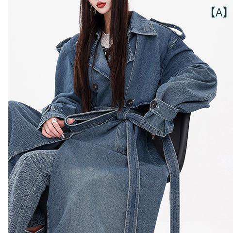 コート レディース 春 ブルー デニム 風 コットン 素材 ロング丈 ゆったり シルエット ウエスト シェイプ ワイド フィット ポリョ カラ 長袖 韓国 スタイル 日韓 カジュアル コート トップス 春夏 軽量 洗い加工 ビンテージ 風合い 日常使い