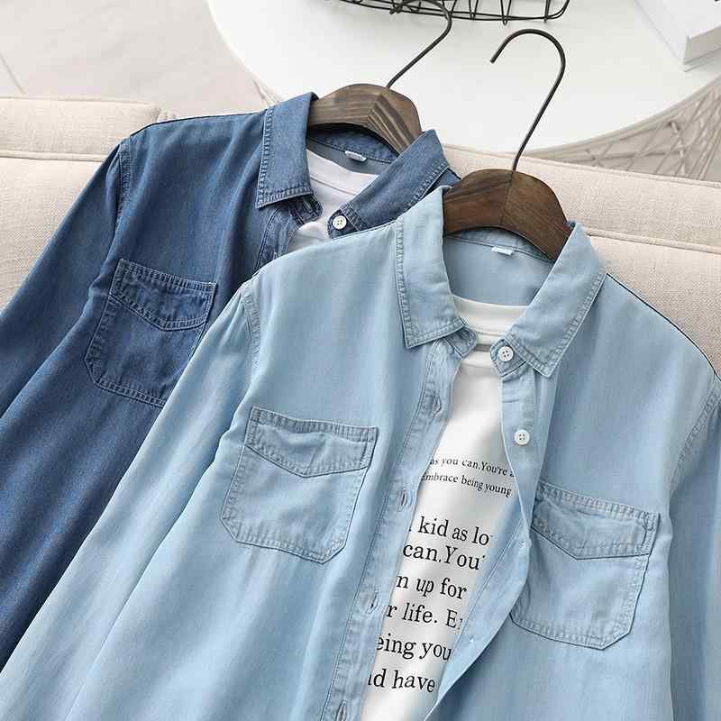 レディース 長袖 天絲 コットン デニム シャツ ジャケット 開襟 デザイン トップス ワイド シルエット 砂洗い 加工 ライト ブルー ダーク ブルー 通勤 スタイル 快適 ビジネス 普段使い 気質 ライトウェイト 柔軟 素材 秋季 コーディネート ユ