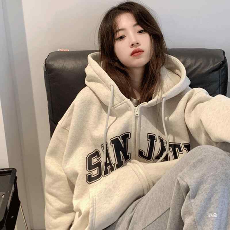 秋冬レディース フーディ 開襟パーカー 長袖 フリース裏地 ポリエステル 杏色 ブラック グレー 韓国風 ゆったりシルエット 拉? フード付き カジュアル 普段使い 厚手 暖か ワイドフィット 日常着